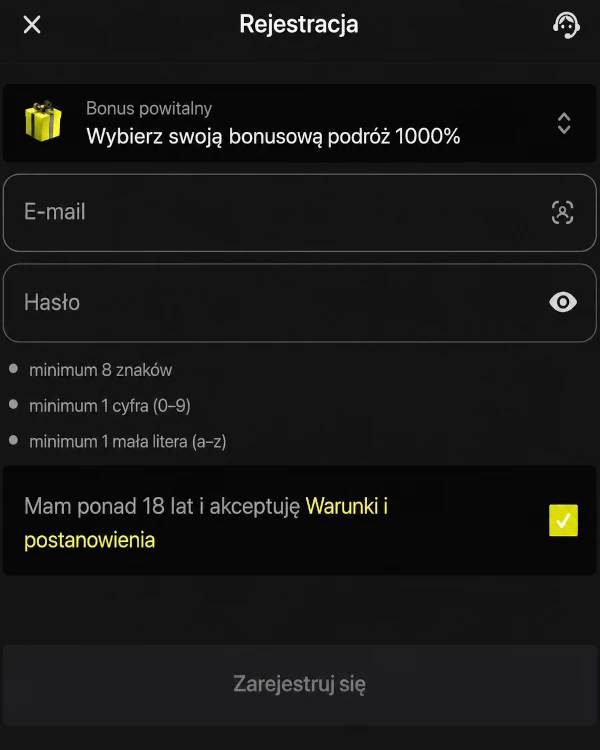 Formularz rejestracyjny wypełniany na początku